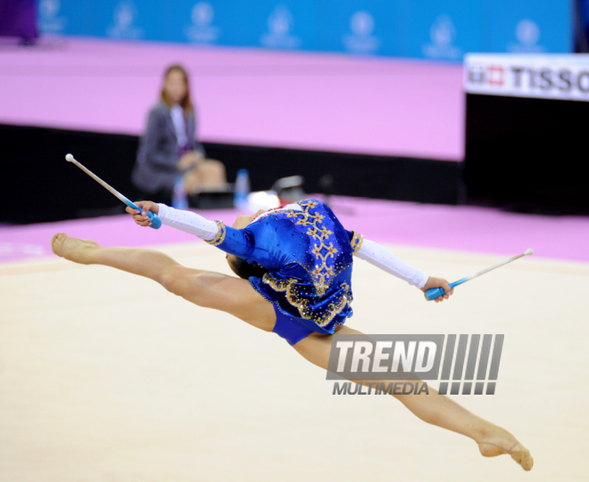 Azərbaycanlı gimnast Avropa Oyunlarında bədii gimnastika üzrə fərdi yarışların finalına çıxıb. Bakı, Azərbaycan, 19 iyun 2015